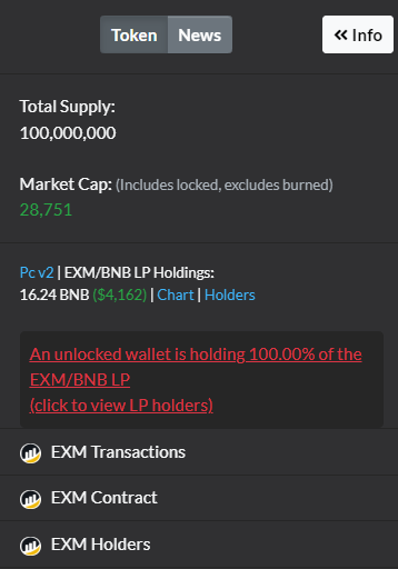 An unlocked wallet is holding 100.00% of the EXM/BNB LP (click to view LP holders)